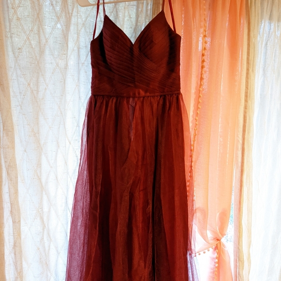 BHLDN Anthropologie Camden Bridesmaid Dress - Burgundy/Red Tulle Backless Maxi - Picture 4 of 5